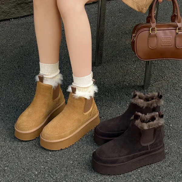 Design Chelsea Boots With Faux Fur Trim Tan Suede Platform Boots - 2