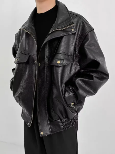 Design Oversized Leather Moto Jacket Black - 4