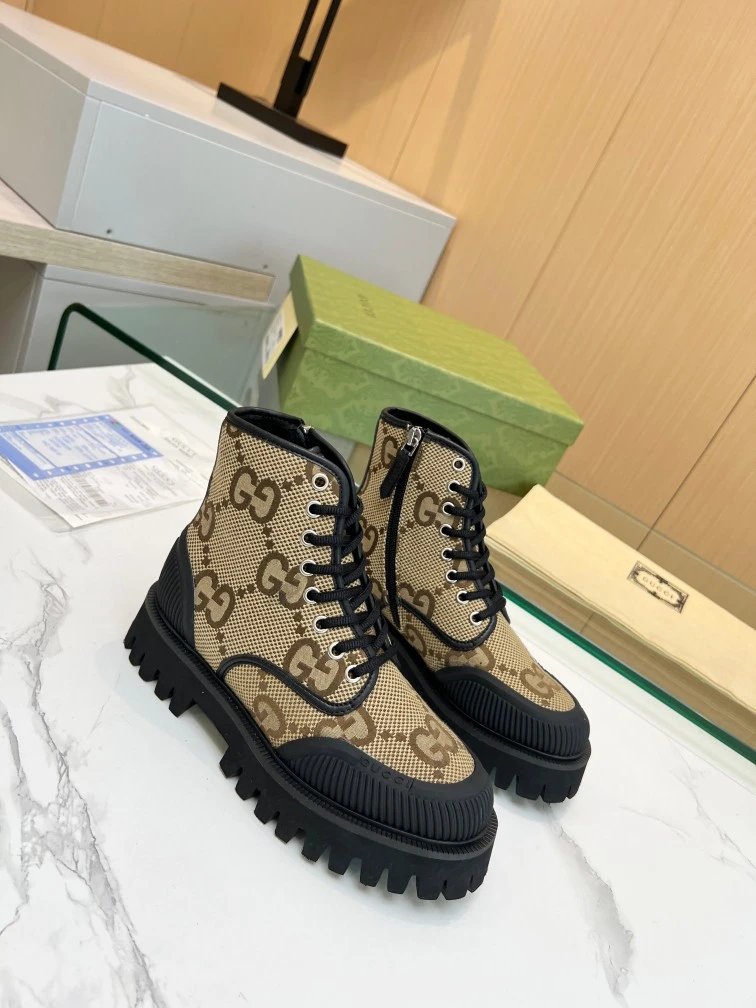 Gucci GG Marmont Chunky Sole Boots Beige and Black - 2
