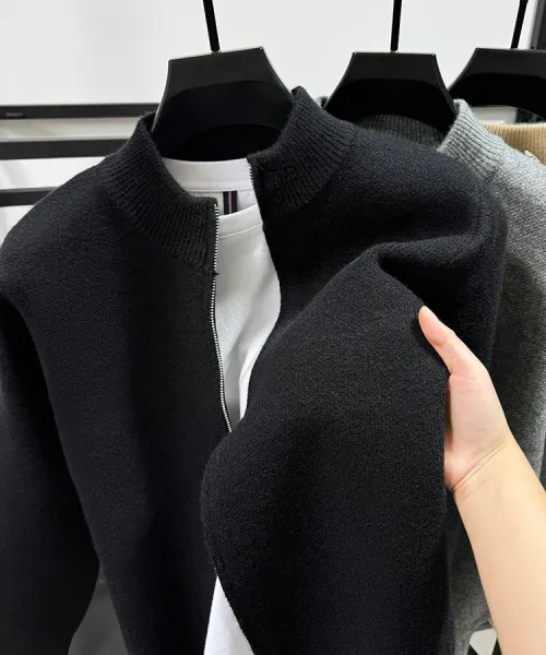 Design Stand-Up Collar Zip-Up Knit Sweater Gray - 9