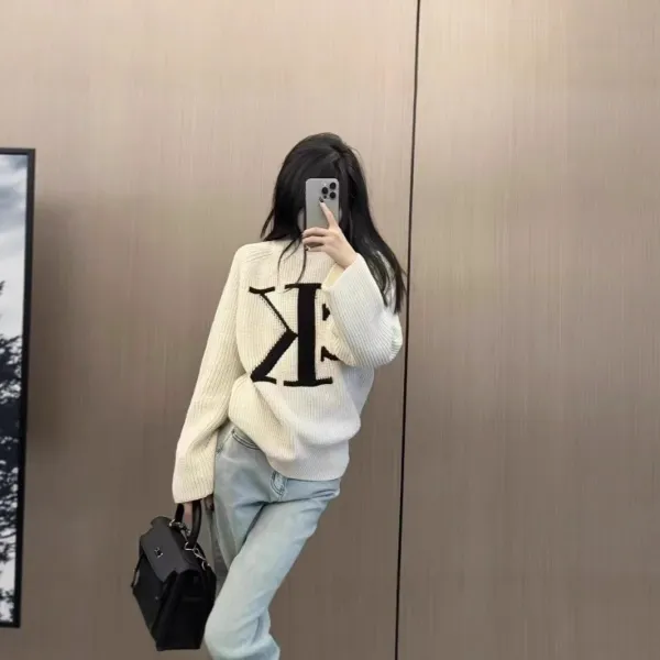 Calvin Klein CK Logo Ribbed Knit Sweater Beige - 5