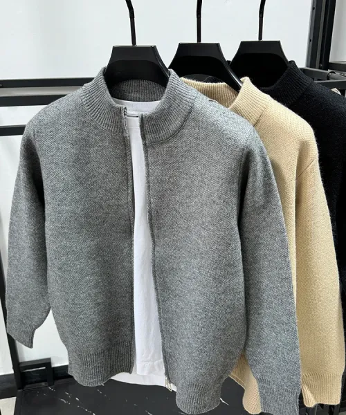 Design Stand-Up Collar Zip-Up Knit Sweater Gray - 3