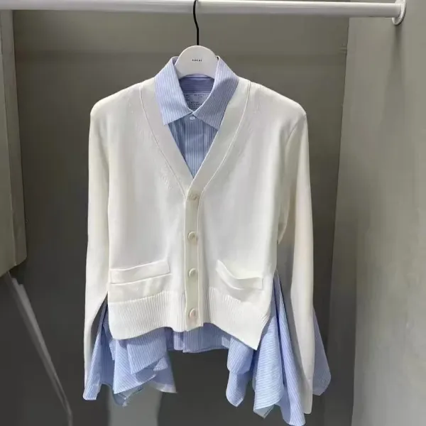 Design V-Neck Button-Up Cardigan with Layered Shirt Detail White Outerwear.cardigan - 1