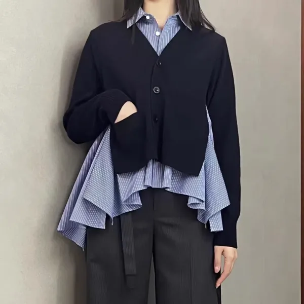 Design V-Neck Button-Up Cardigan with Layered Shirt Detail White Outerwear.cardigan - 6
