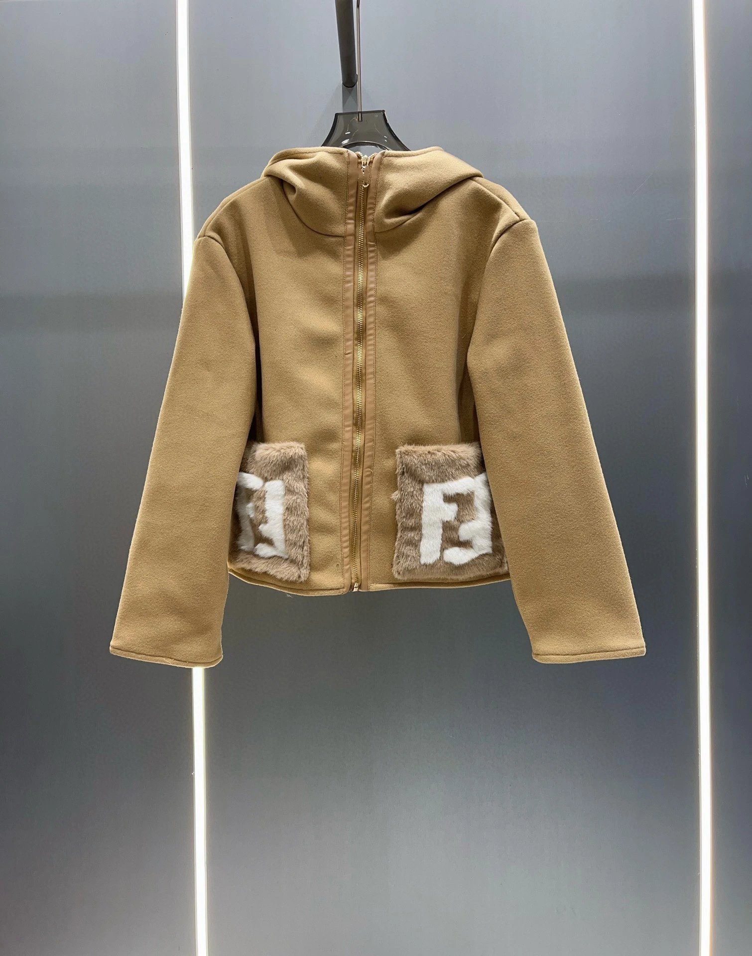 Fendi FF Logo Faux Fur Patch Hooded Jacket Black Outerwear - 5
