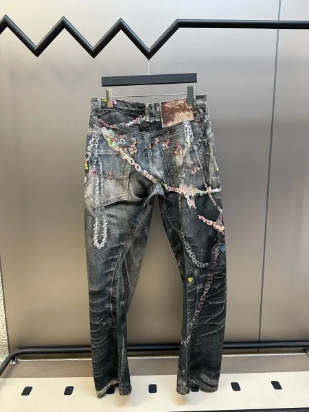 Design Distressed Embroidered Chain-Decorated Wide-Leg Jeans - 8