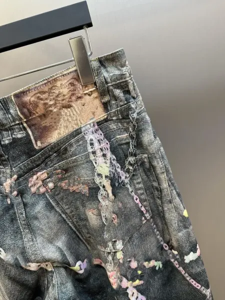 Design Distressed Embroidered Chain-Decorated Wide-Leg Jeans - 12