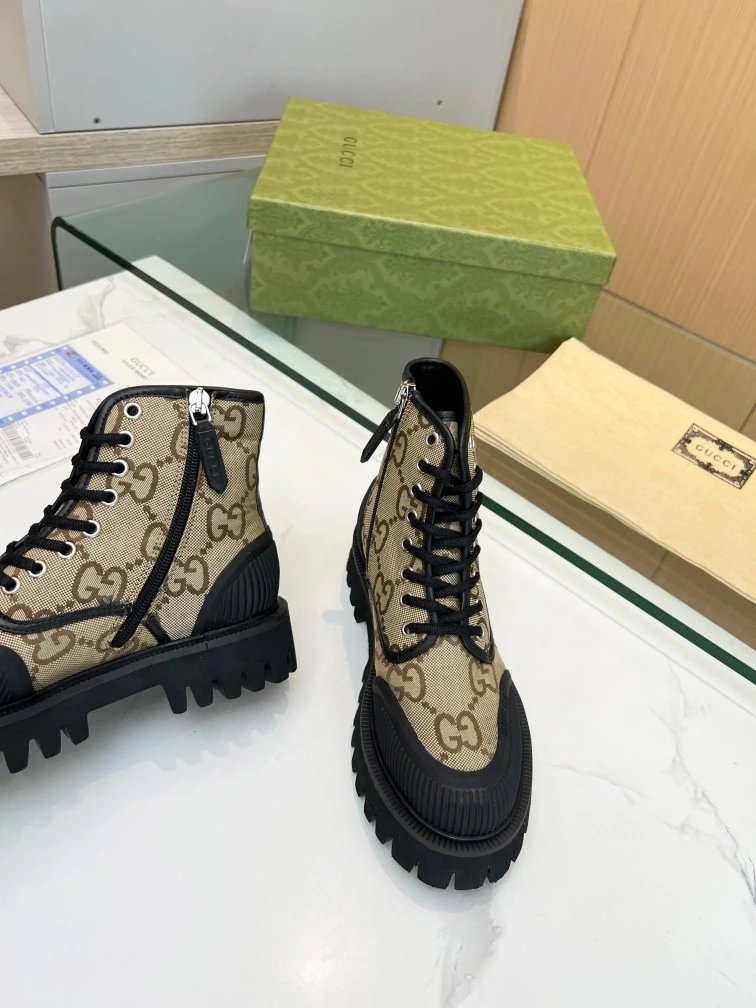Gucci GG Marmont Chunky Sole Boots Beige and Black - 3