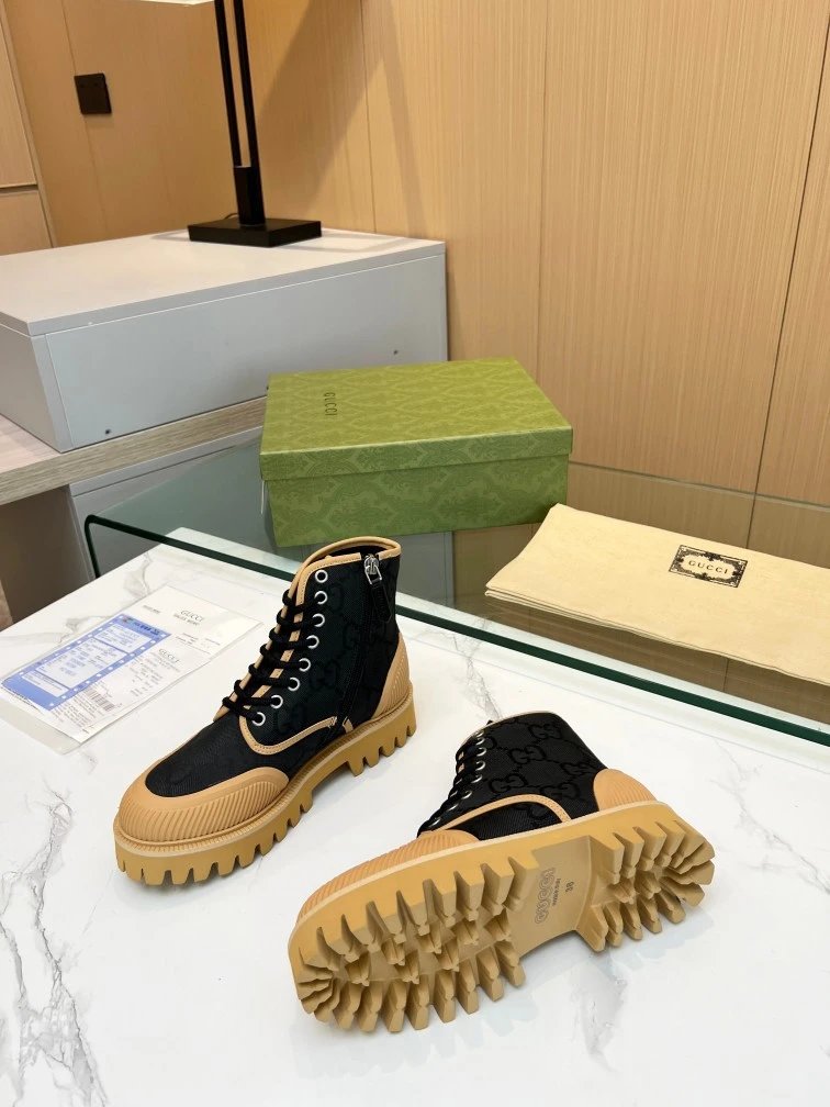Gucci GG Marmont Chunky Sole Boots Beige and Black - 13