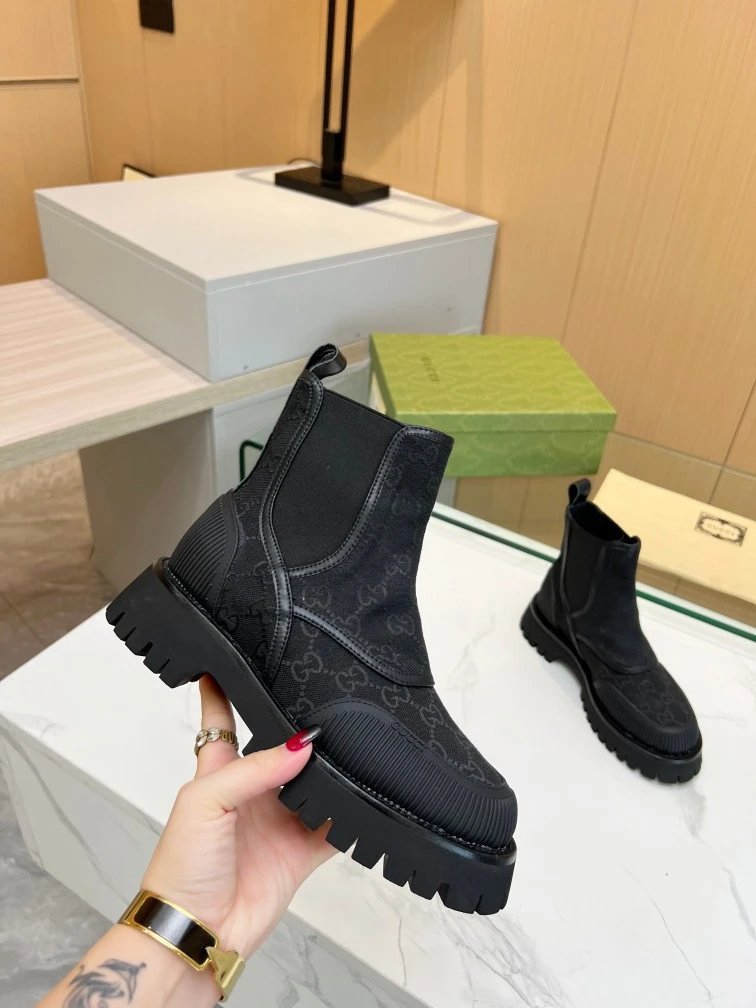 Gucci GG Marmont Chunky Sole Boots Beige and Black - 32