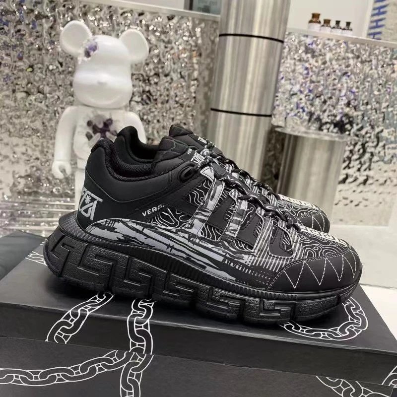 Versace Chain Reveal Black and White Topographic Print Chunky Sneakers