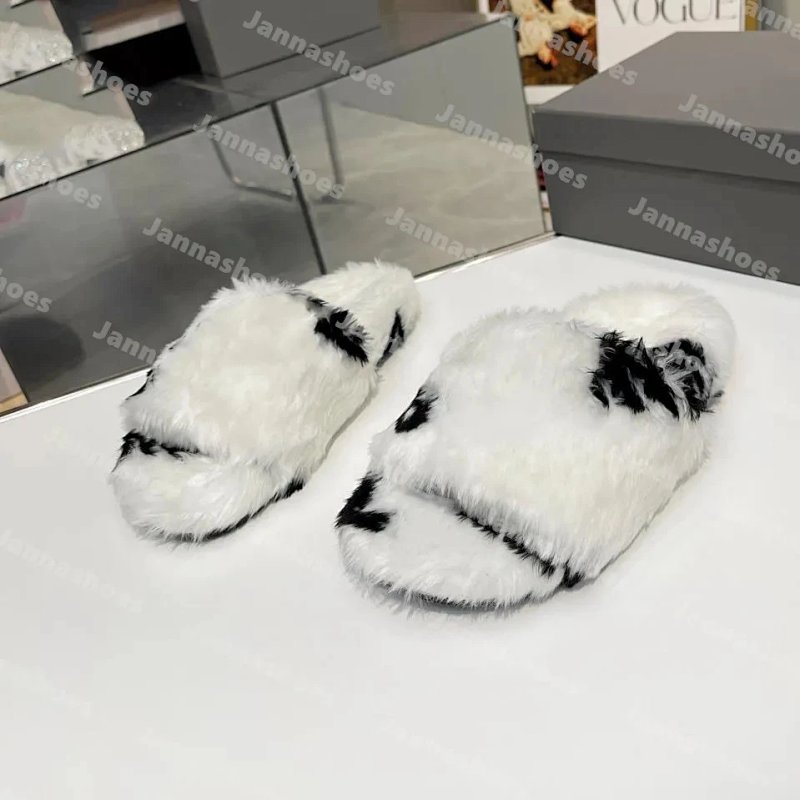 Fluffy Slide Slippers Red with Stripe Embroidery