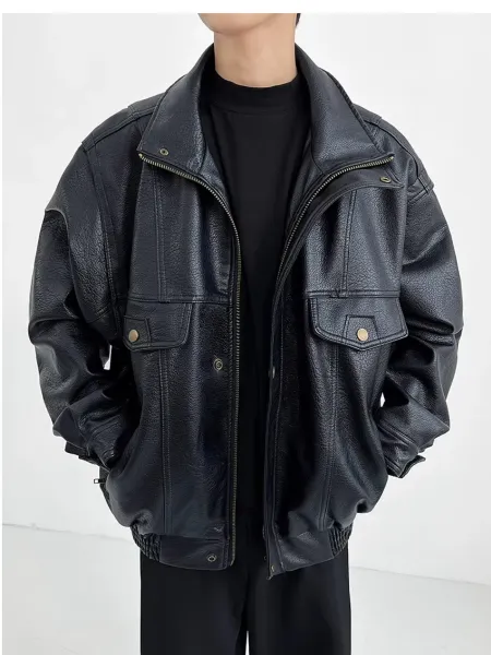 Design Oversized Leather Moto Jacket Black - 6