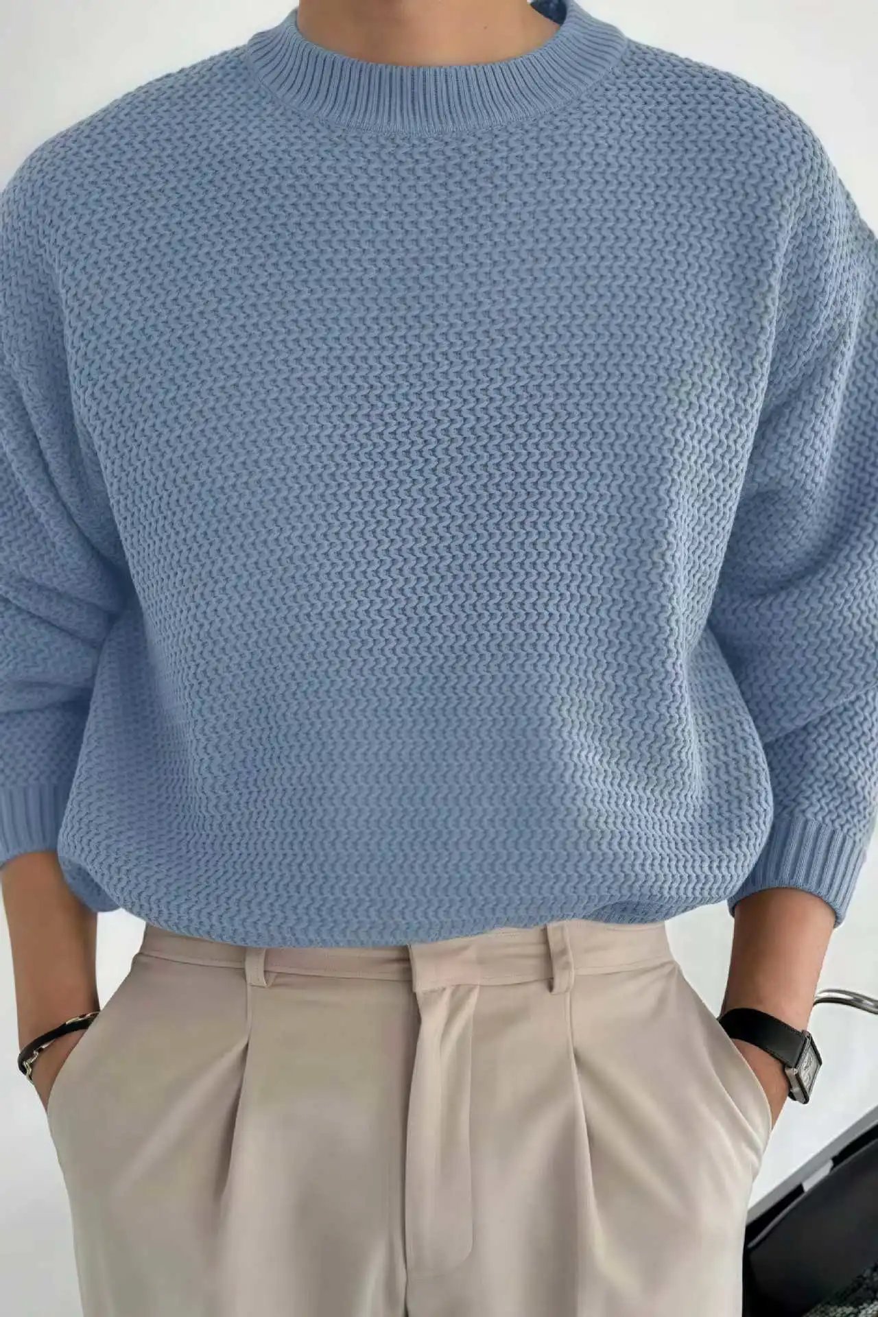 Design Textured Knit Crewneck Sweater Beige - 24