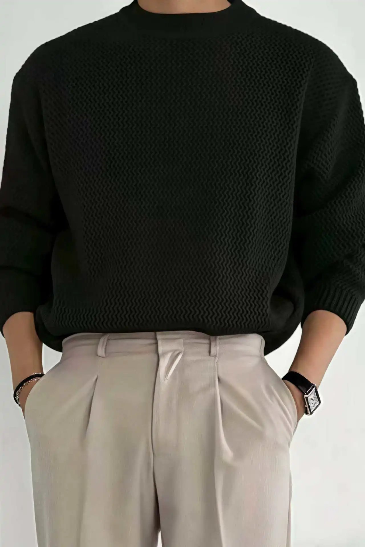 Design Textured Knit Crewneck Sweater Beige - 7