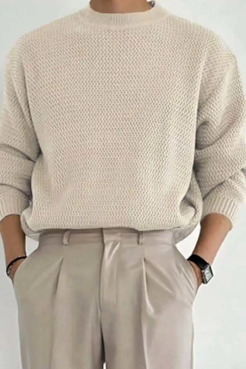 Design Textured Knit Crewneck Sweater Beige - 16