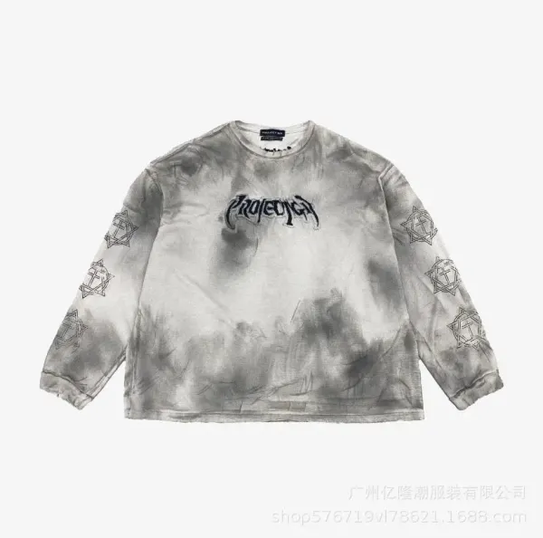 Design Projected Long Sleeve Tie-Dye Graphic Tee Gray T-Shirts - 1