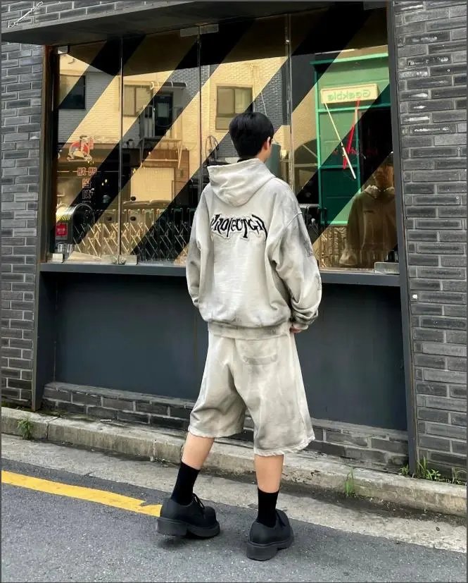 Design Acid Wash Hoodie with Occult Symbols Gray - 7