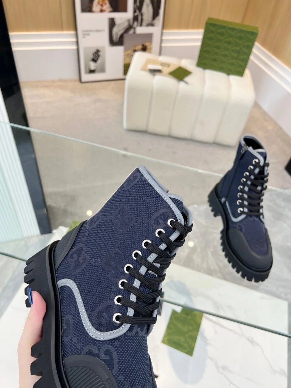 Gucci GG Marmont Chunky Sole Boots Beige and Black - 30