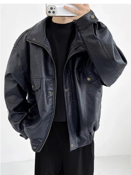 Design Oversized Leather Moto Jacket Black - 5