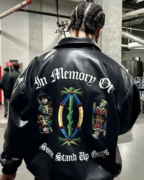 Design Embroidered 'In Memory Of' Leather Bomber Jacket Black - 16