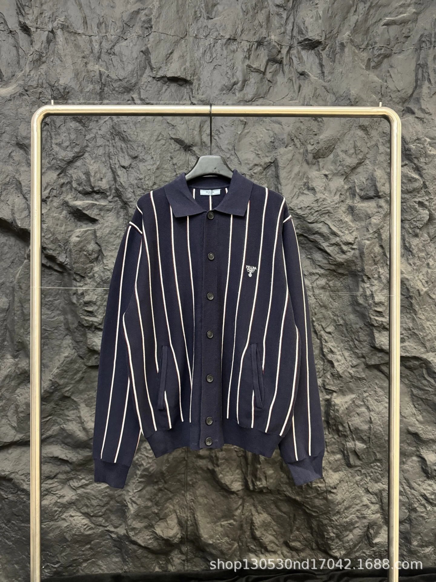 Prada Striped Knit Cardigan Navy