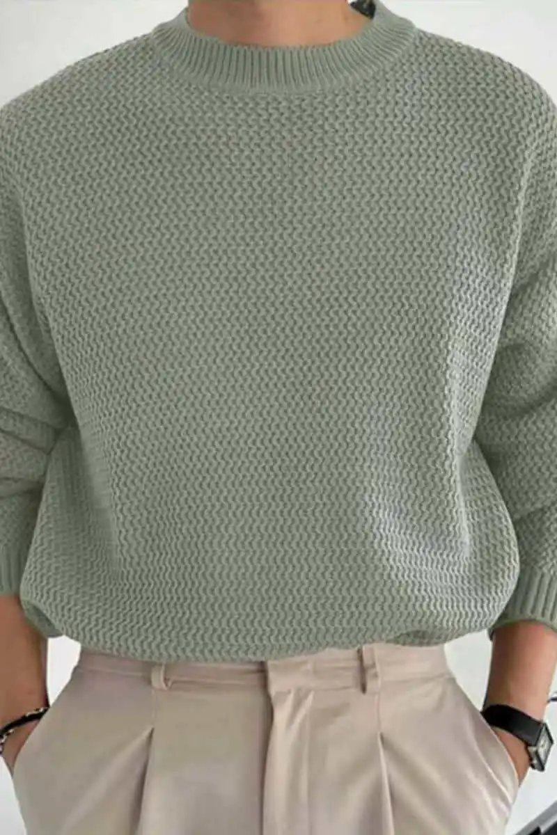 Design Textured Knit Crewneck Sweater Beige - 10