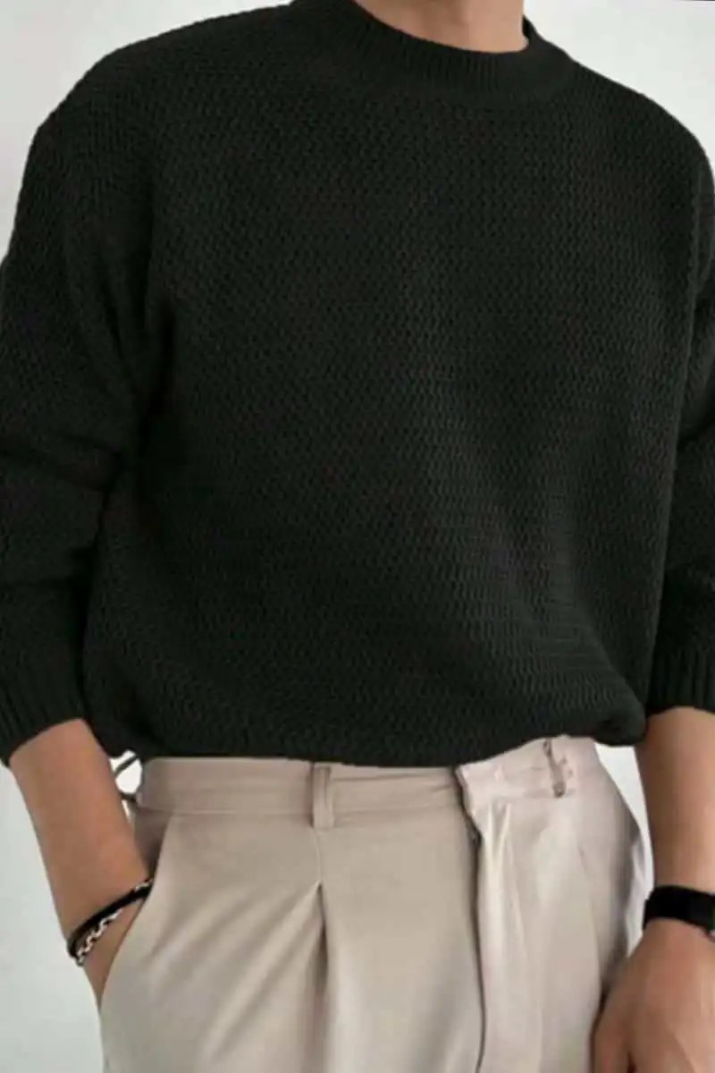 Design Textured Knit Crewneck Sweater Beige - 4