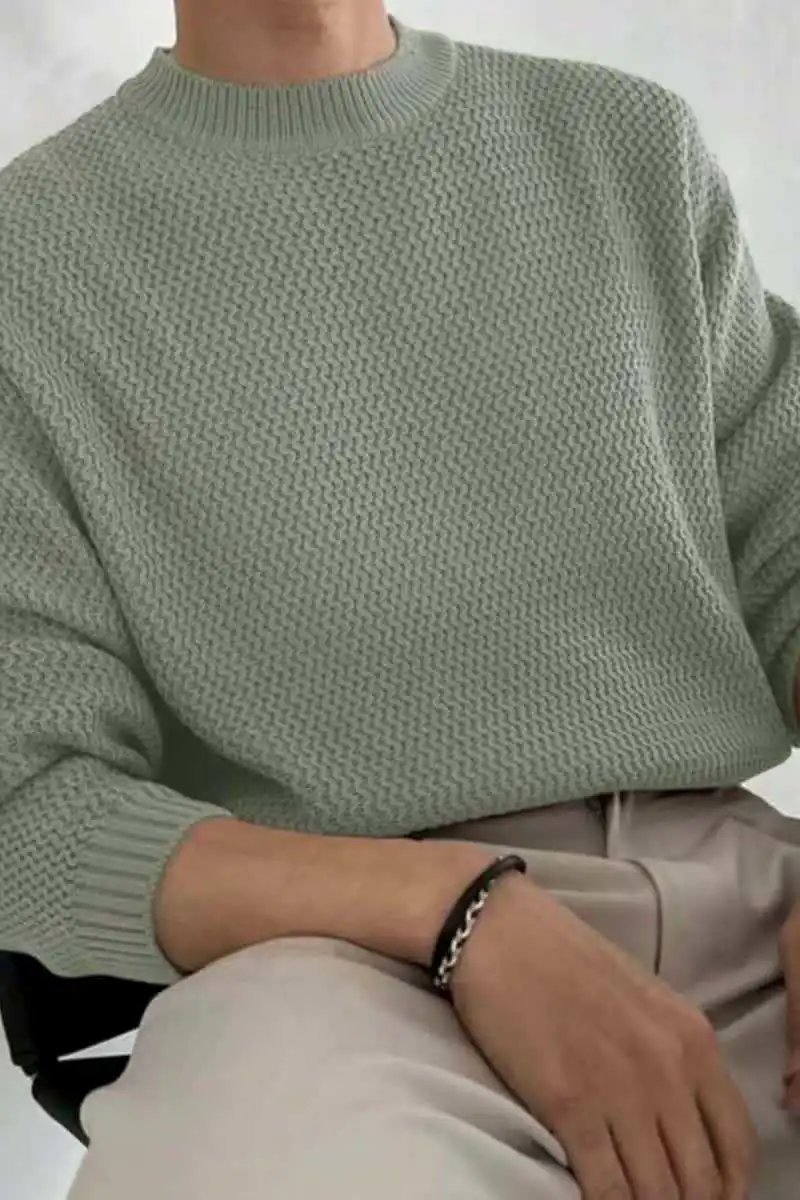 Design Textured Knit Crewneck Sweater Beige - 13