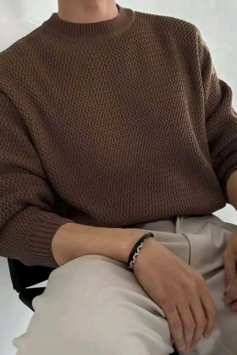 Design Textured Knit Crewneck Sweater Beige - 22