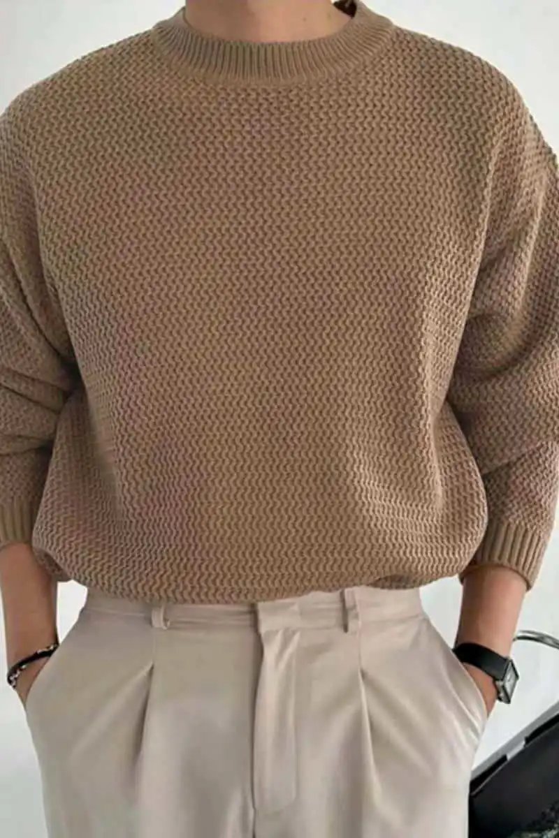 Design Textured Knit Crewneck Sweater Beige - 30