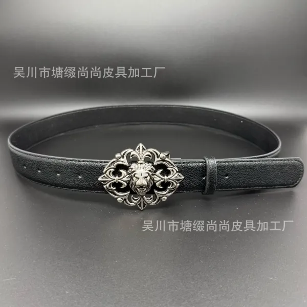 Design Lion Head Ornament Belt Black Leather Belt - 1