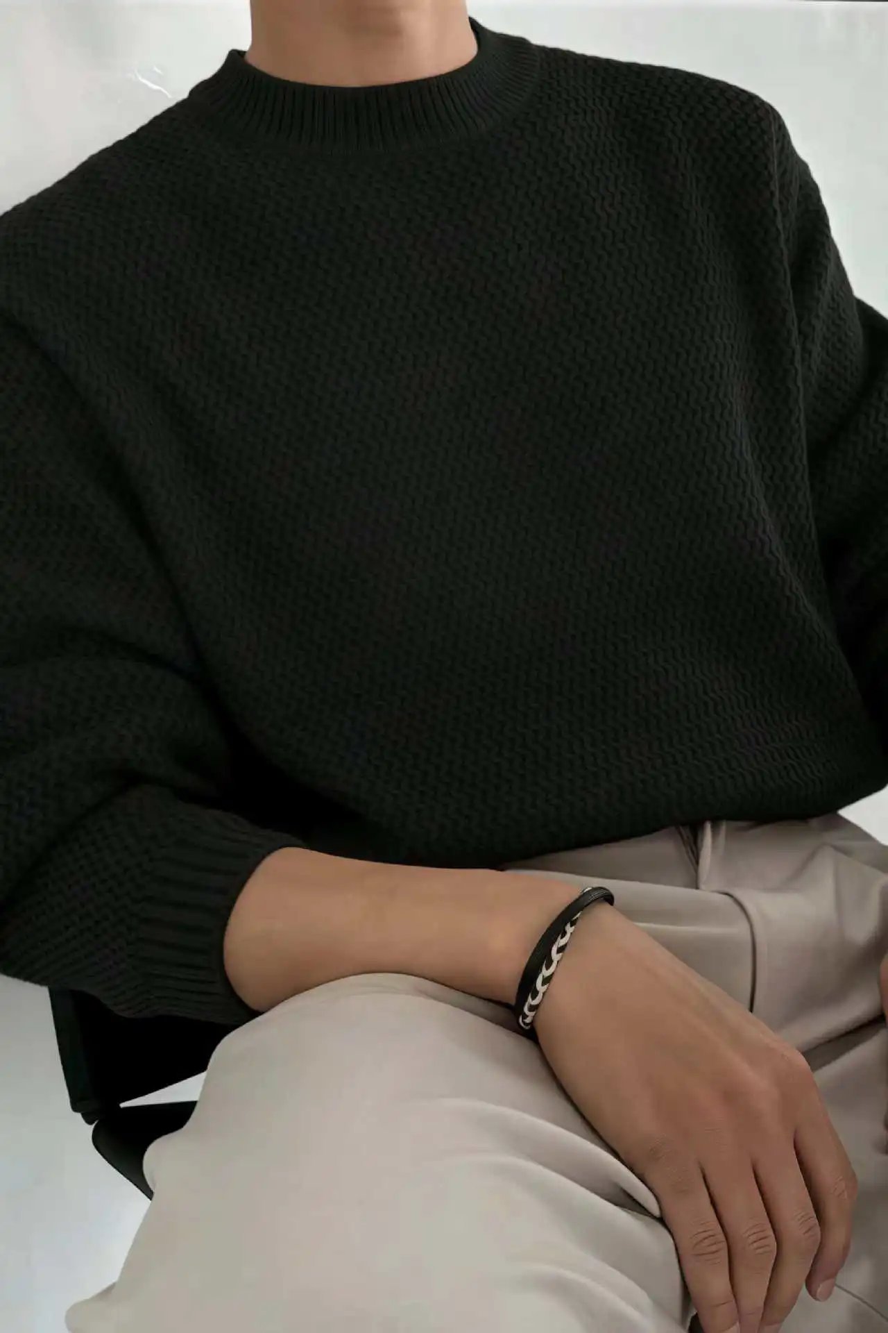 Design Textured Knit Crewneck Sweater Beige - 8