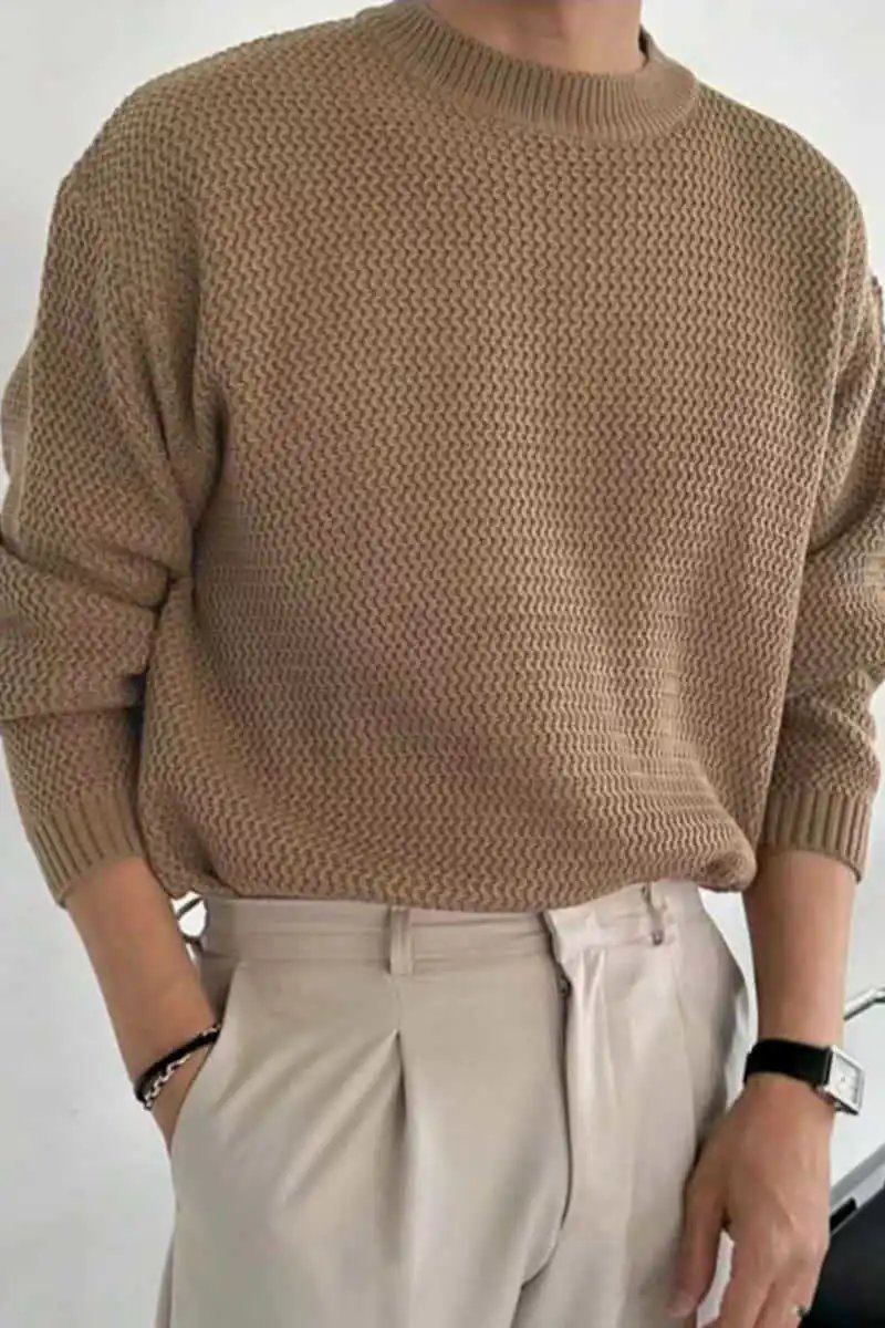 Design Textured Knit Crewneck Sweater Beige - 34