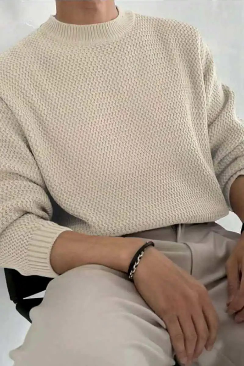 Design Textured Knit Crewneck Sweater Beige - 17