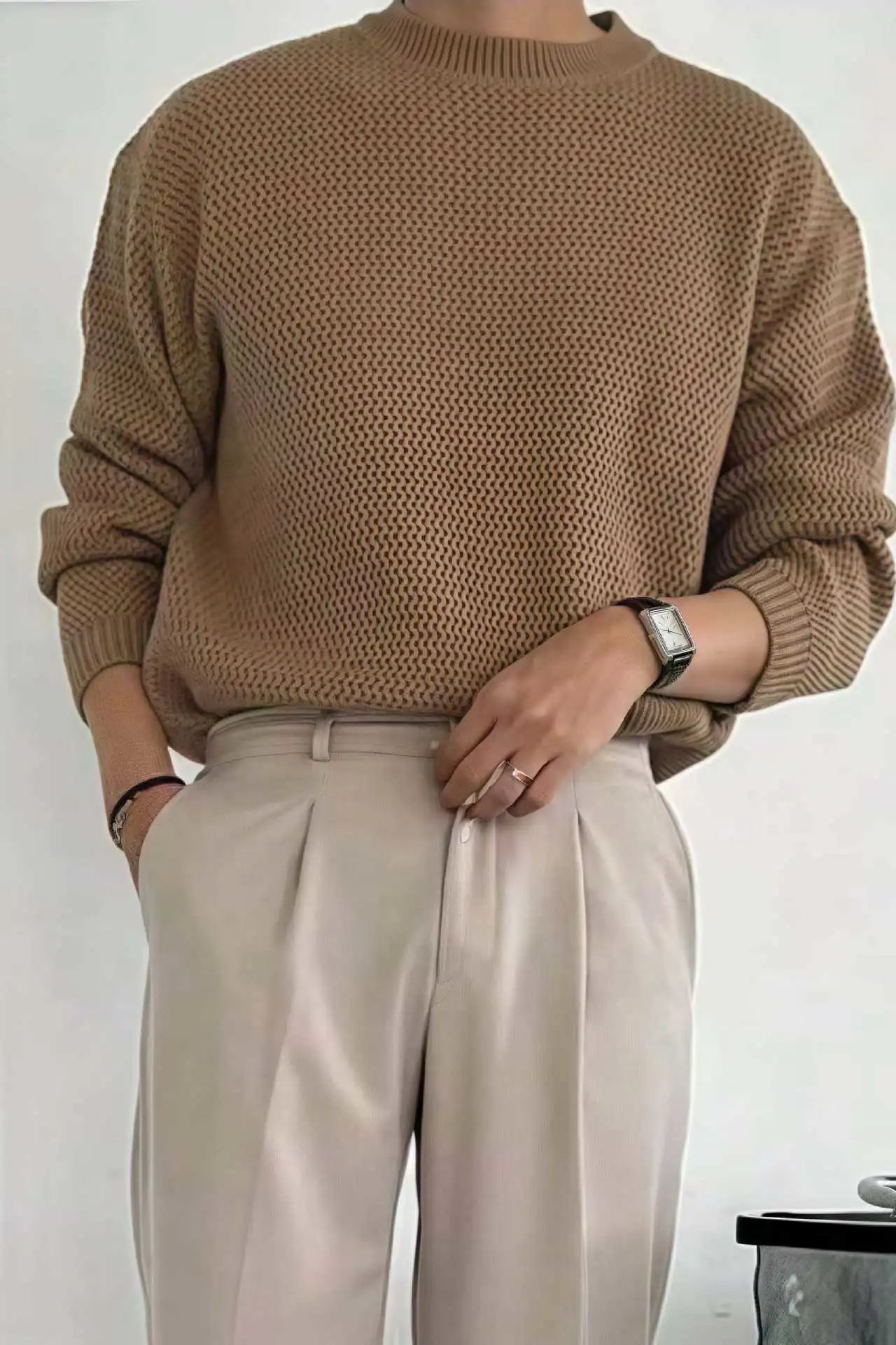 Design Textured Knit Crewneck Sweater Beige - 32