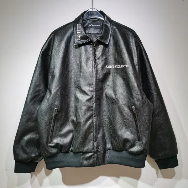 Design Embroidered 'In Memory Of' Leather Bomber Jacket Black - 8