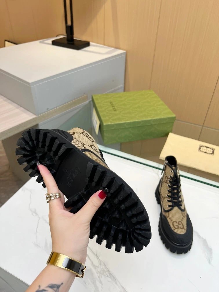 Gucci GG Marmont Chunky Sole Boots Beige and Black - 6