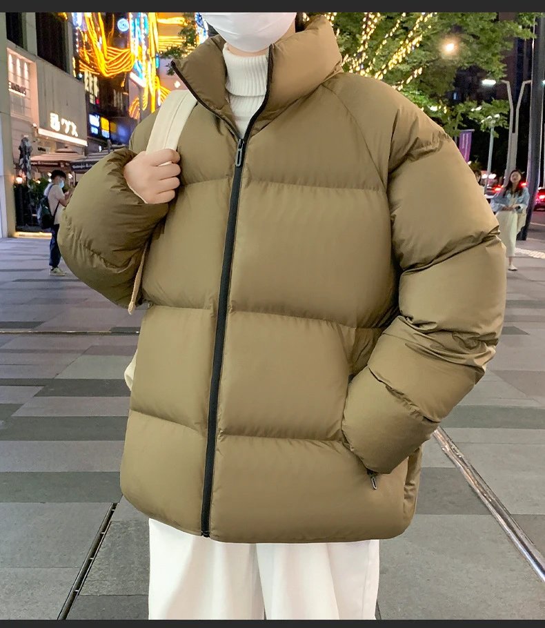 Olive Green Puffer Jacket with High Collar and Black Zipper