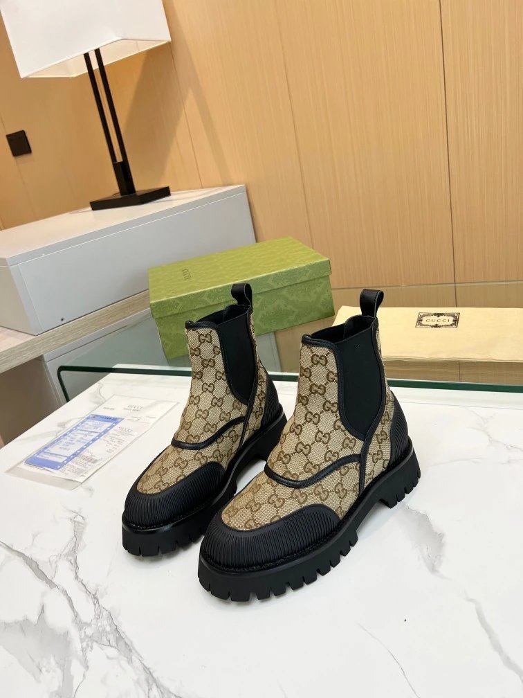 Gucci GG Marmont Chunky Sole Boots Beige and Black - 38