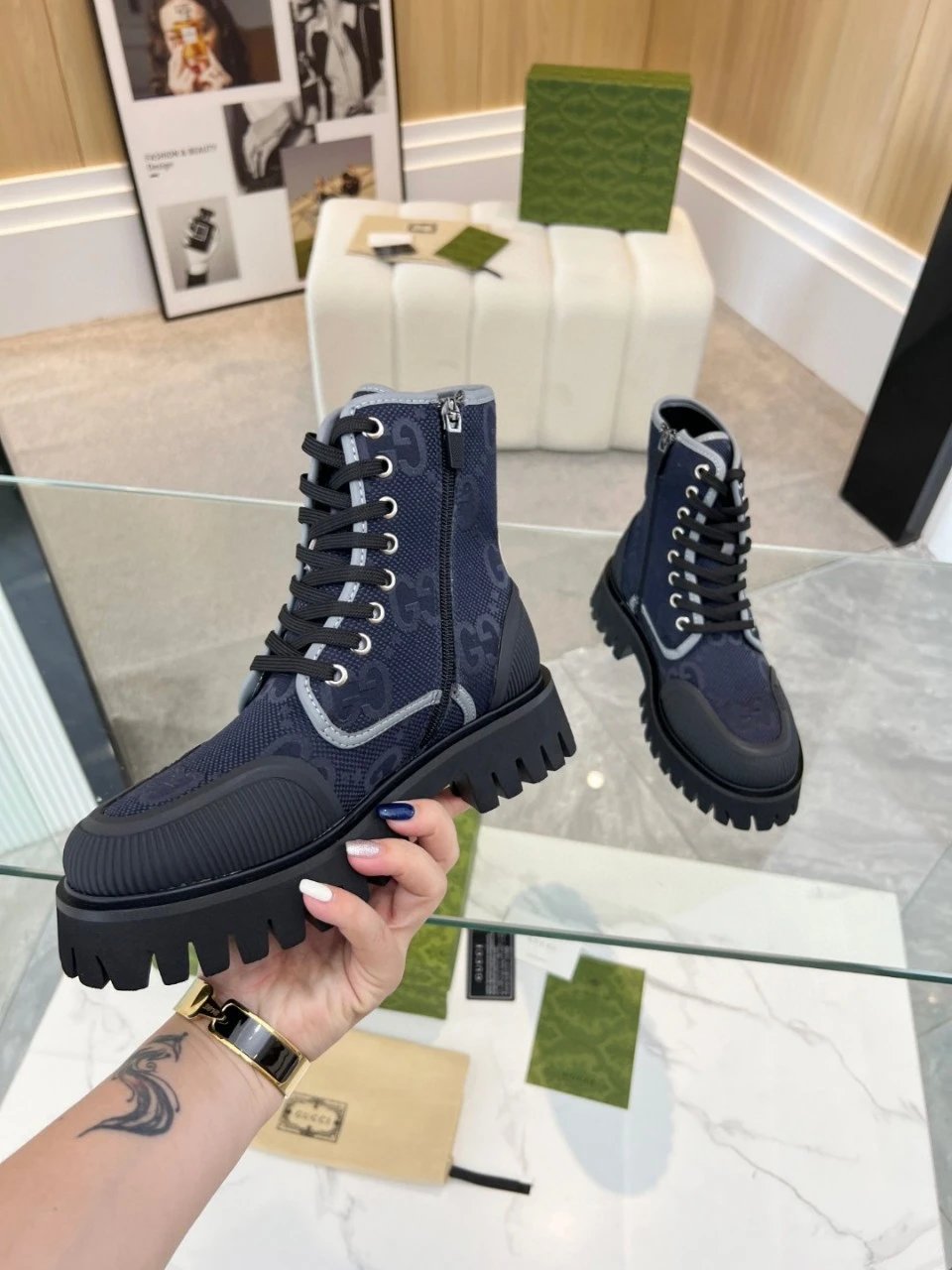 Gucci GG Marmont Chunky Sole Boots Beige and Black - 28