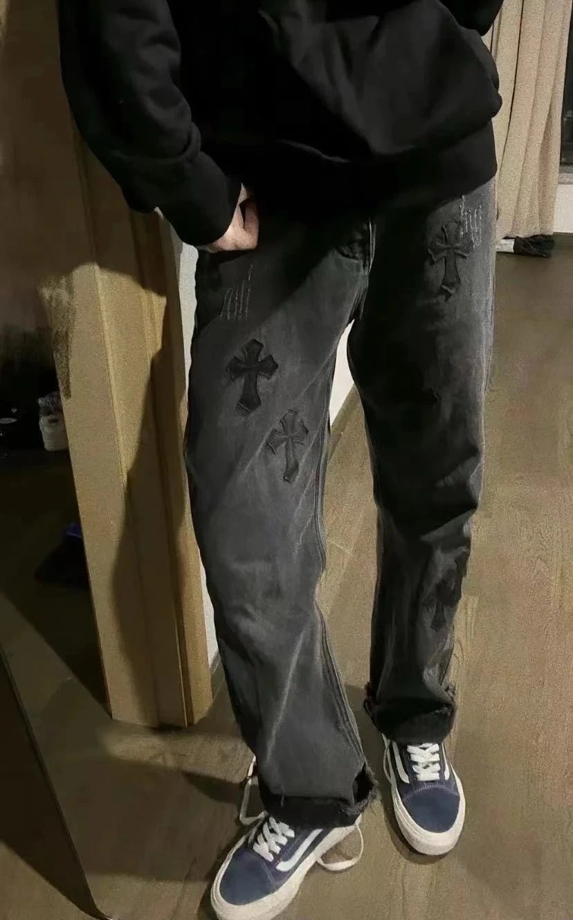 Design Cross Motif Embroidered Flared Jeans Blue - 20