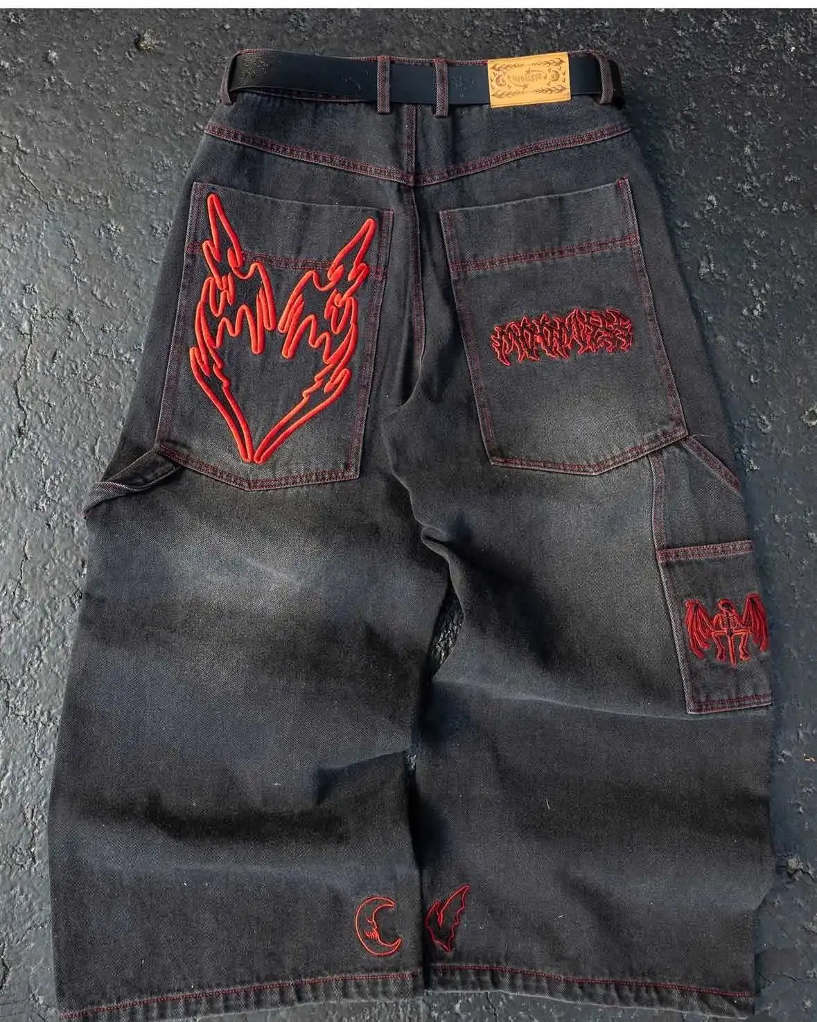 Design Wide-Leg Denim Pants with Purple Flame Embroidery and Chain Detail Jeans - 8