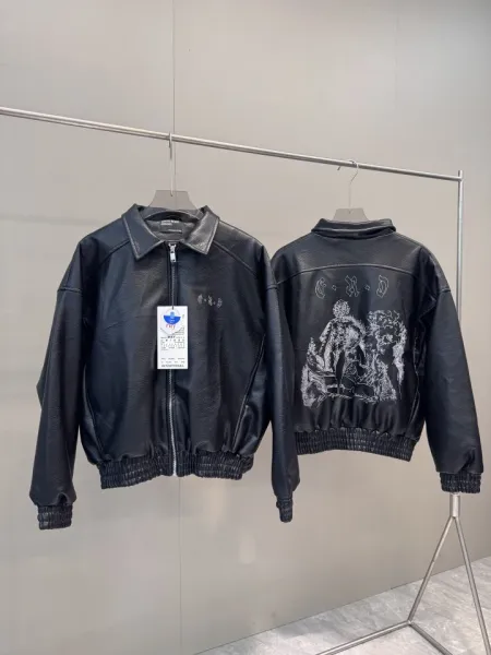 Design Leather Bomber Jacket Black with Graphic Print Outerwear.leather Jacket - 1
