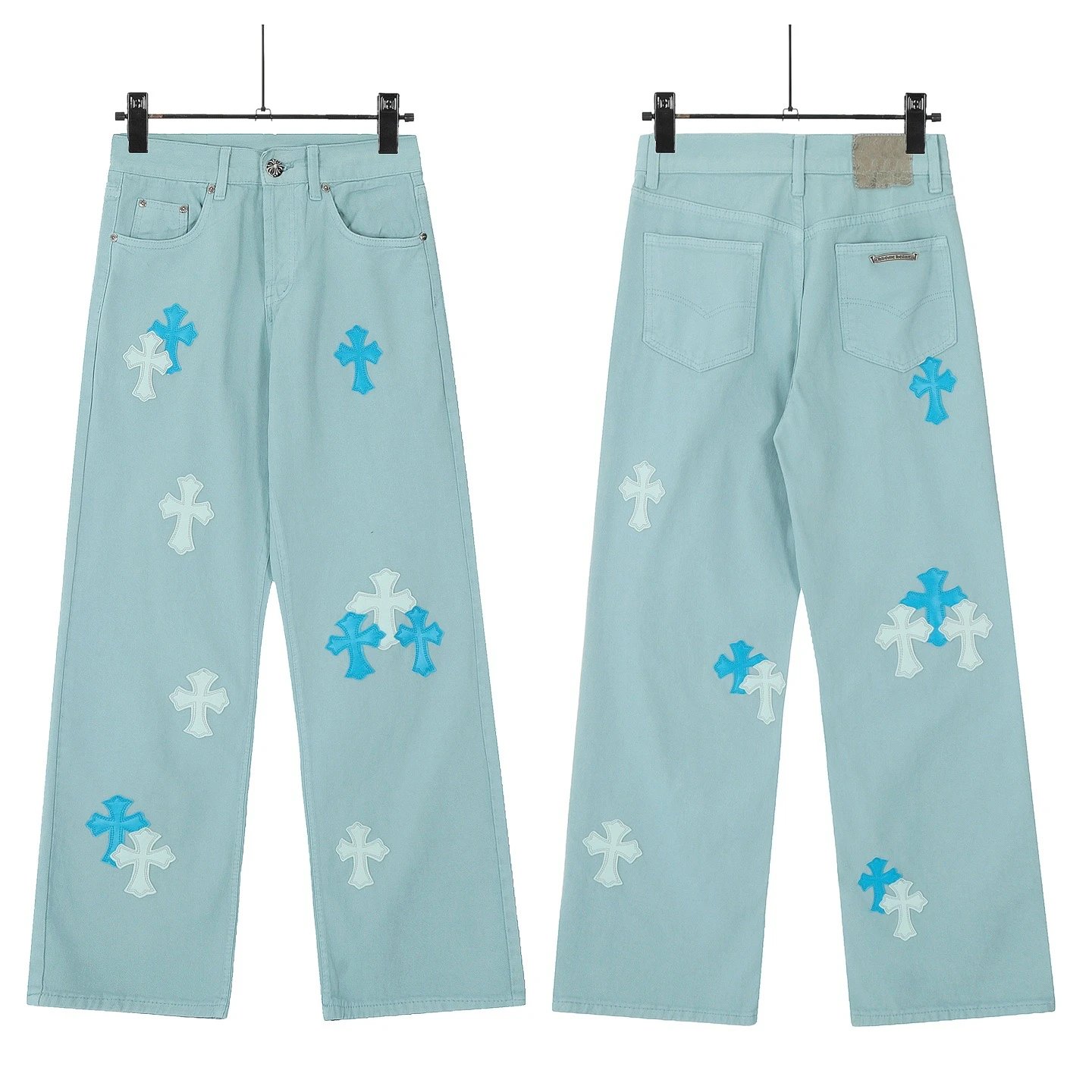 Design Cross Motif Embroidered Flared Jeans Blue - 29