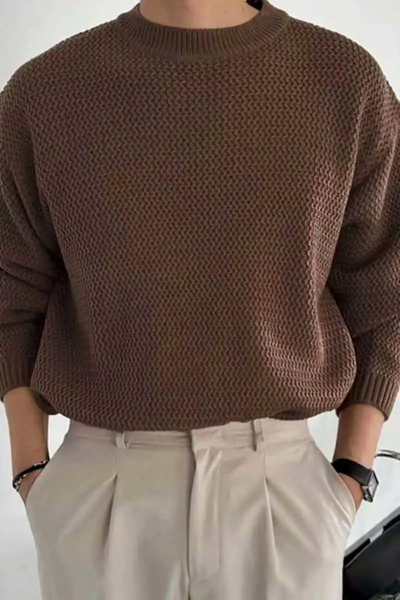 Design Textured Knit Crewneck Sweater Beige - 19