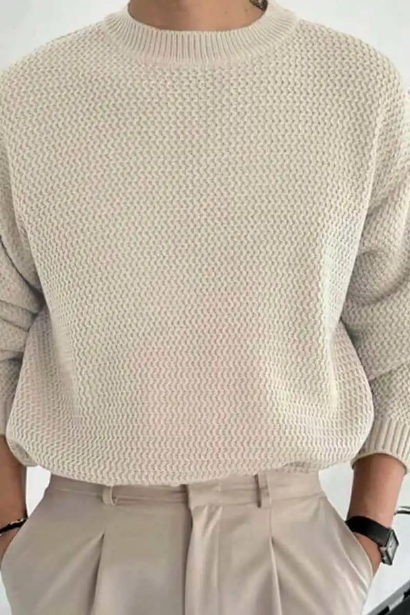 Design Textured Knit Crewneck Sweater Beige - 15