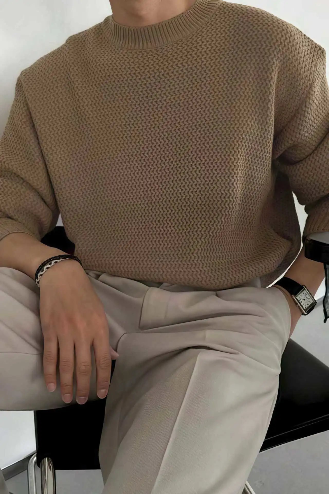 Design Textured Knit Crewneck Sweater Beige - 31