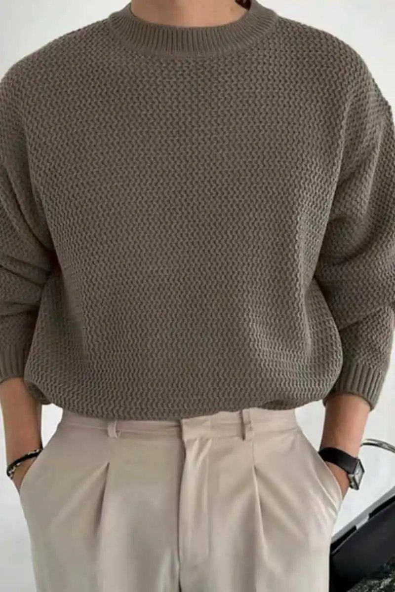 Design Textured Knit Crewneck Sweater Beige - 39
