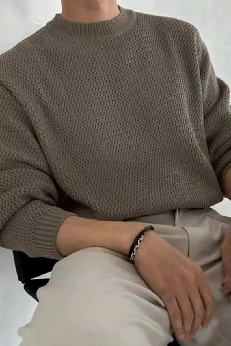 Design Textured Knit Crewneck Sweater Beige - 43